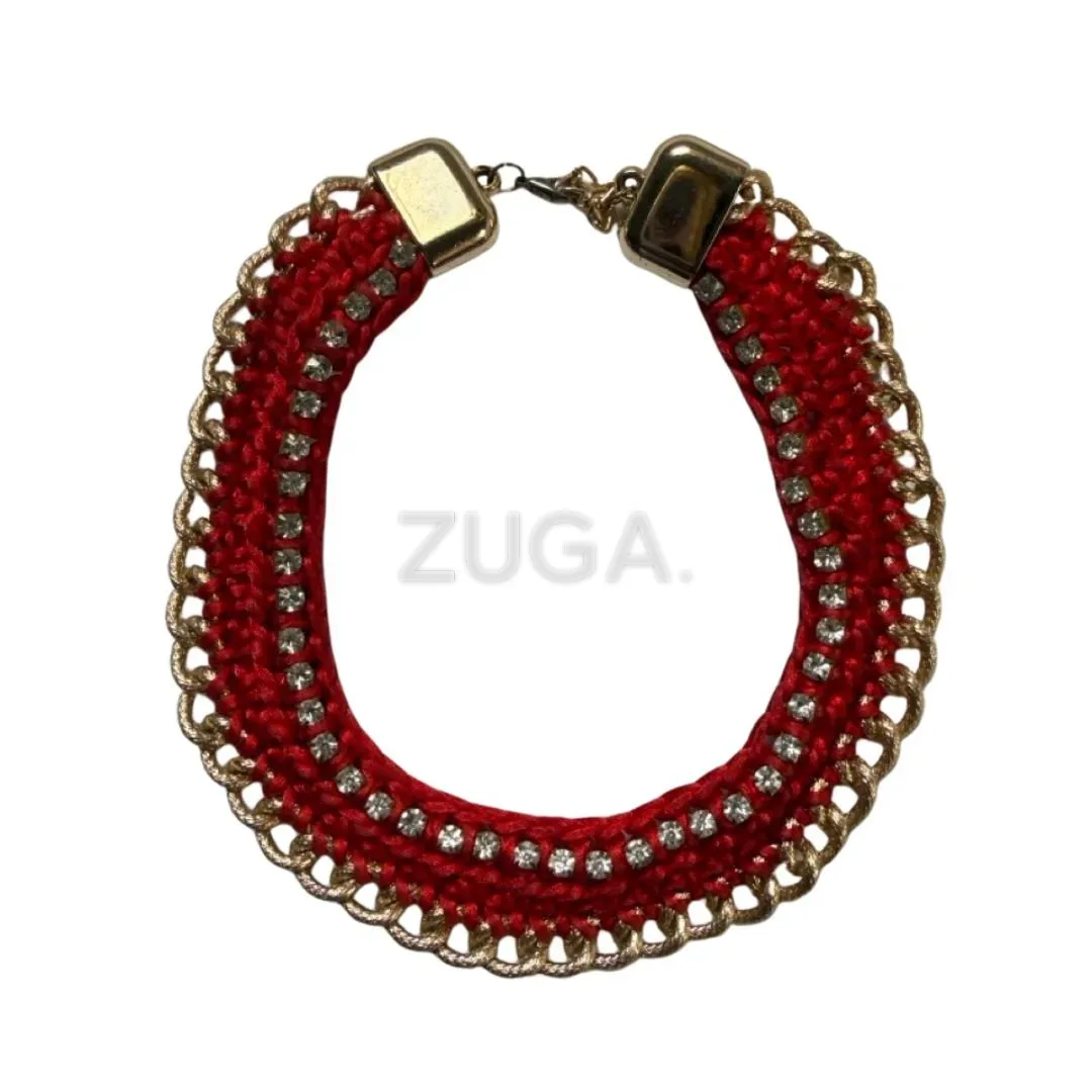 Red Woven Statement Collar Necklace with Gold Chain and Rhinestones