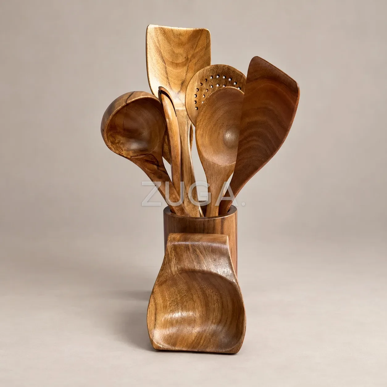 Wooden Kitchen Utensil Set with Holder and Spoon Rest