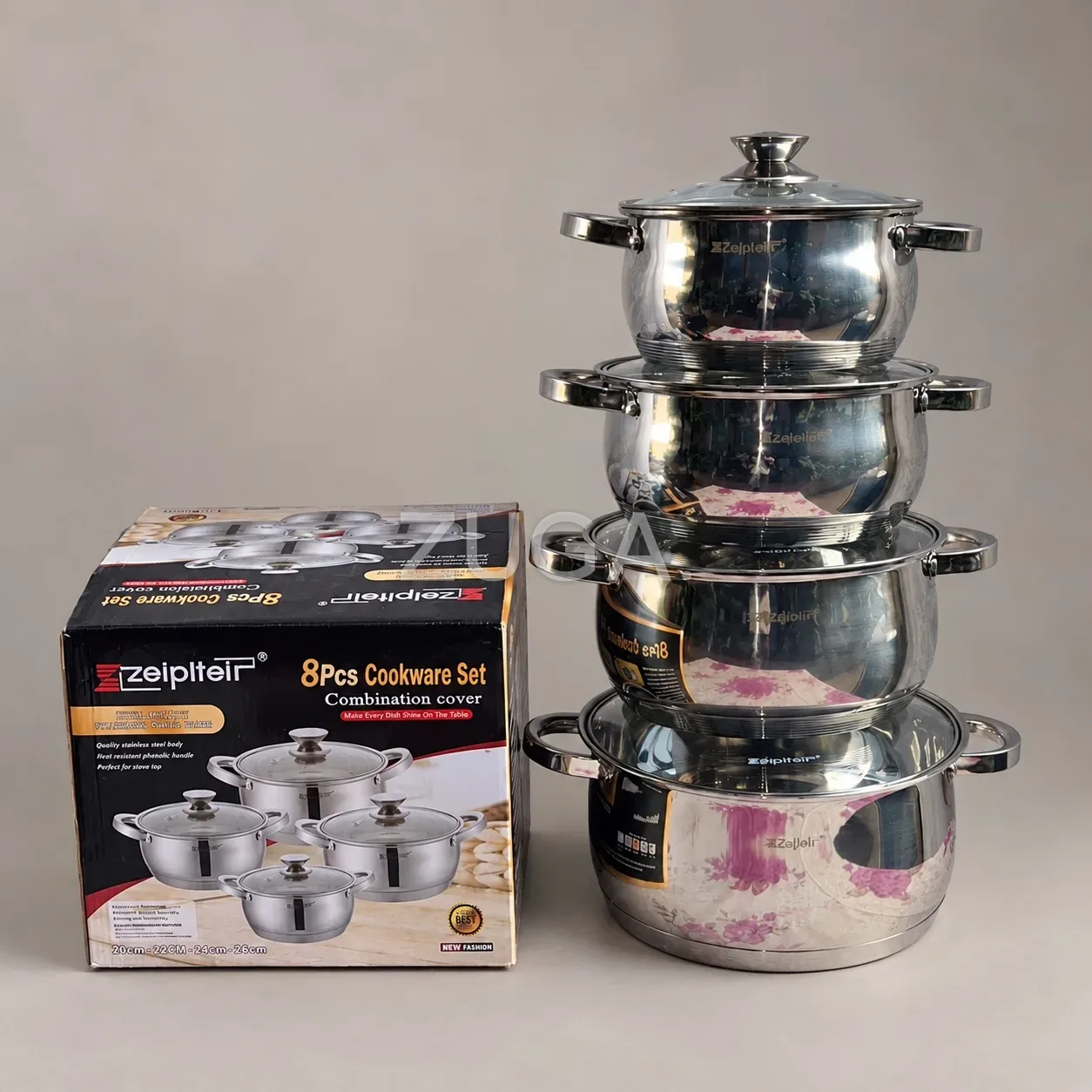 Zeiplteir Stainless Steel Cookware Set, 20/22/24/26cm, Glass Lids