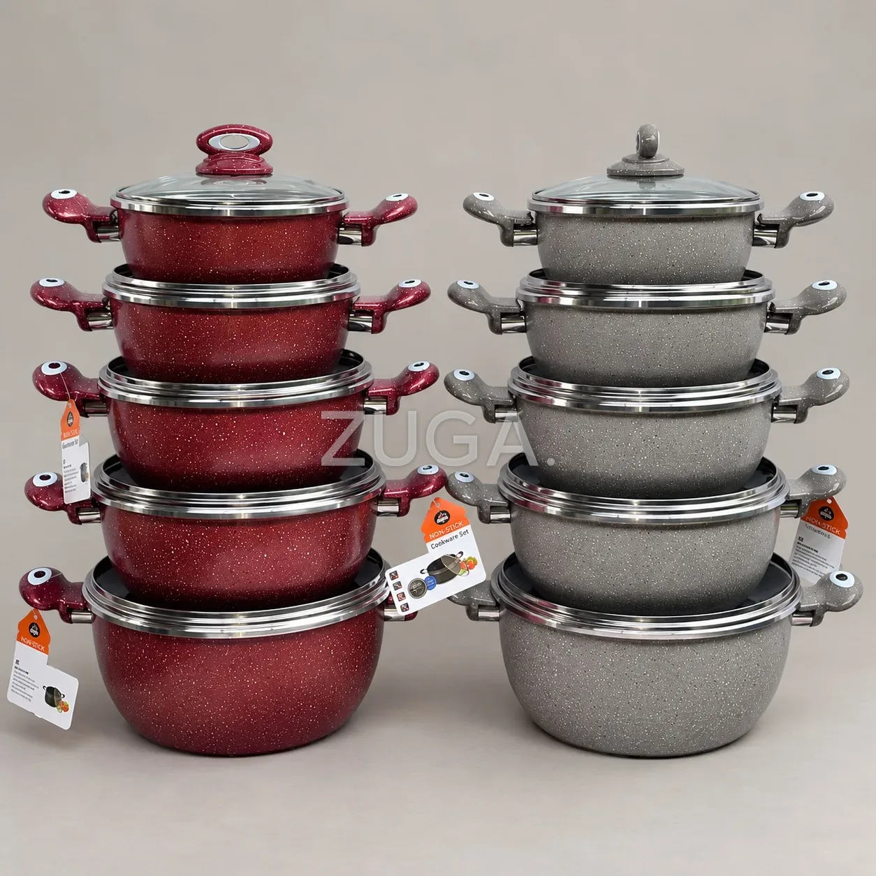 Ultimate Non-Stick 5-Piece Pot Set, Granite Finish, Glass Lids, Red or Grey
