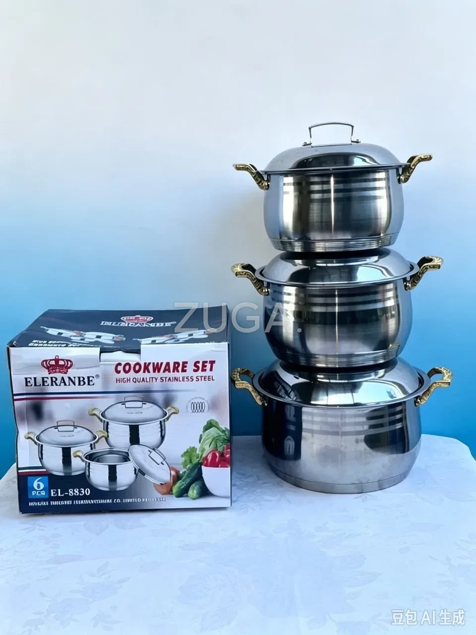 Eleranbe Stainless Steel Cookware Set EL-8830, 26/28/30cm, Gold Handles