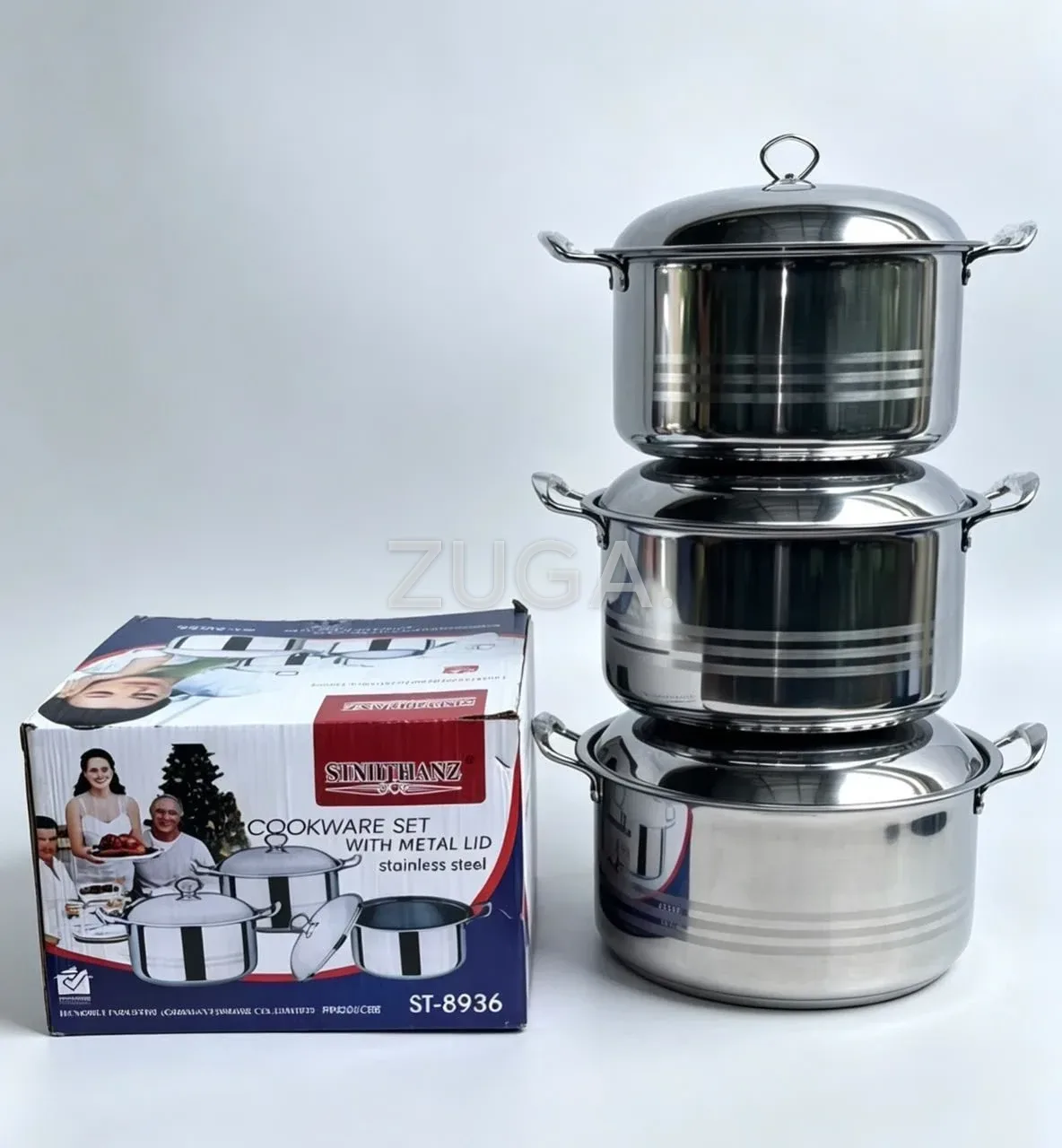 Sinithanz Stainless Steel 3-Piece Pot Set 32/34/36cm ST-8936, Metal Lids