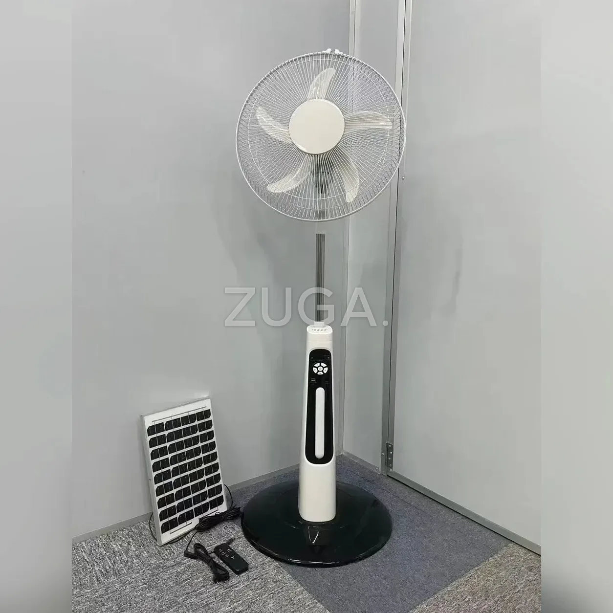 Solar Standing Fan with Solar Panel and Remote, White and Black