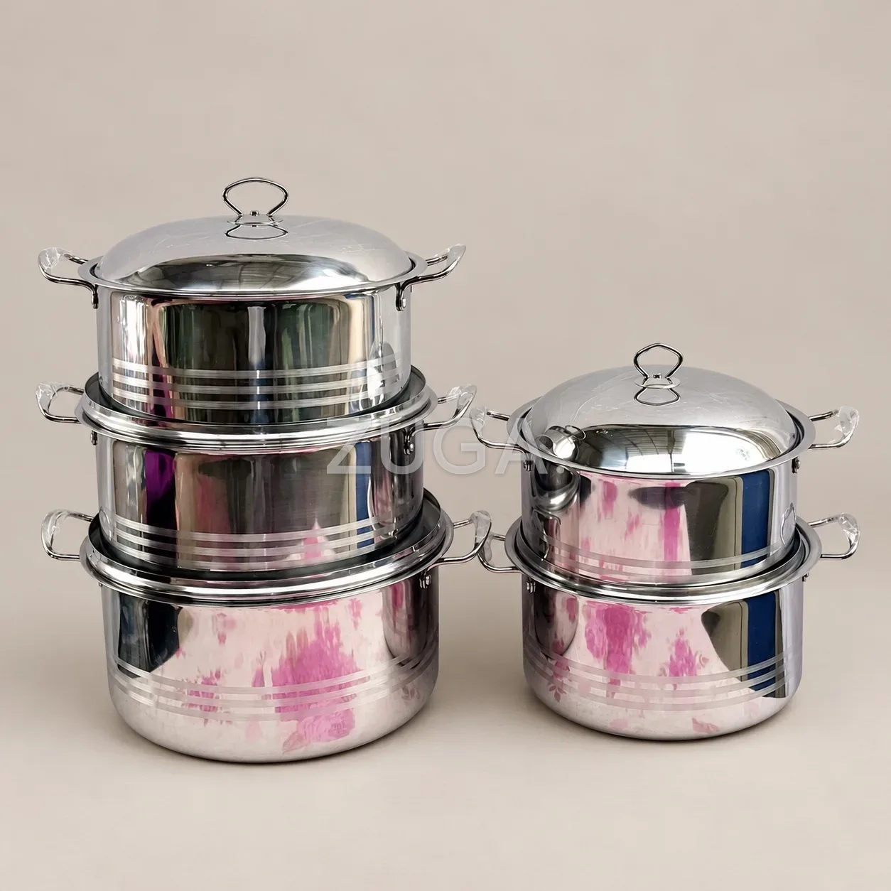 Silver Stainless Steel Cooking Pot Set, 5 Graduated Sizes