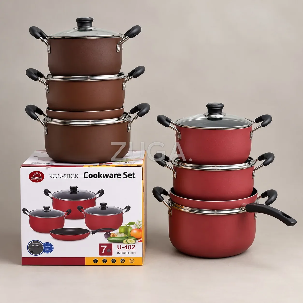 Ultimate 3-Piece Non-Stick Cookware Set U-402, Induction, Red/Brown