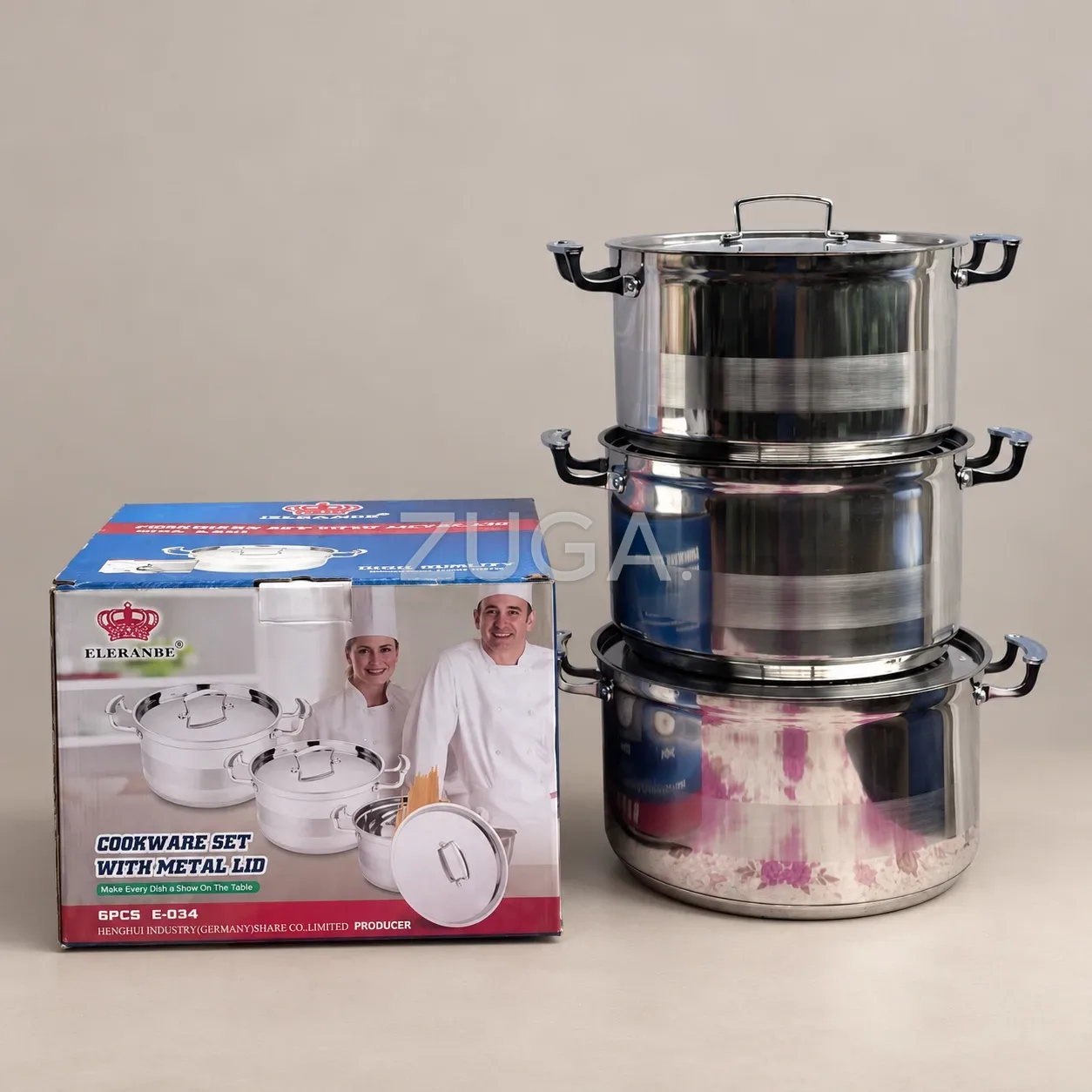 Eleranbe Stainless Steel Cookware Set, 6 Pieces with Metal Lids E-034