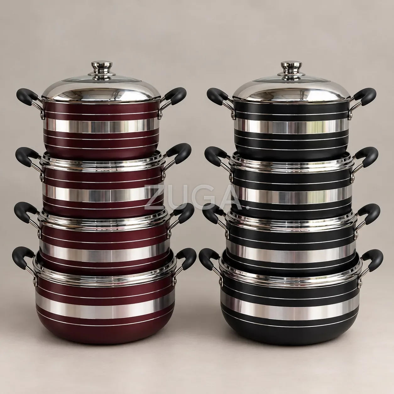 Stackable Non-Stick Pot Set, 4 Sizes, Wine Red & Black, Glass Lids