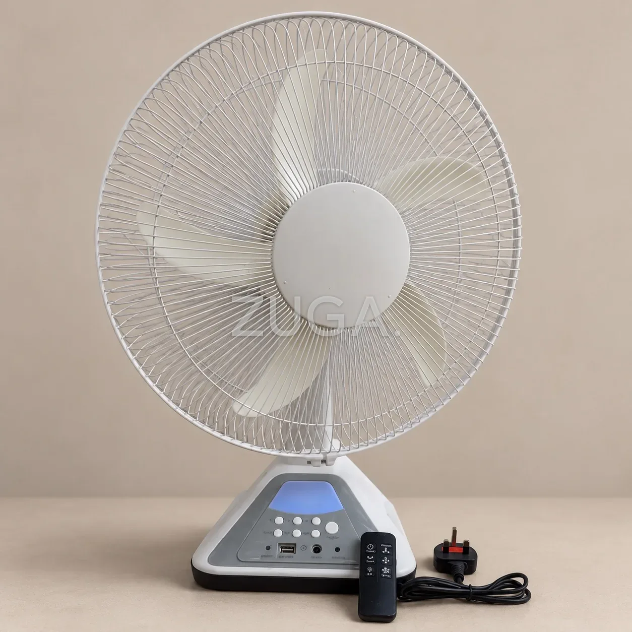 White Table Fan with Remote, USB Port and Built-in Light