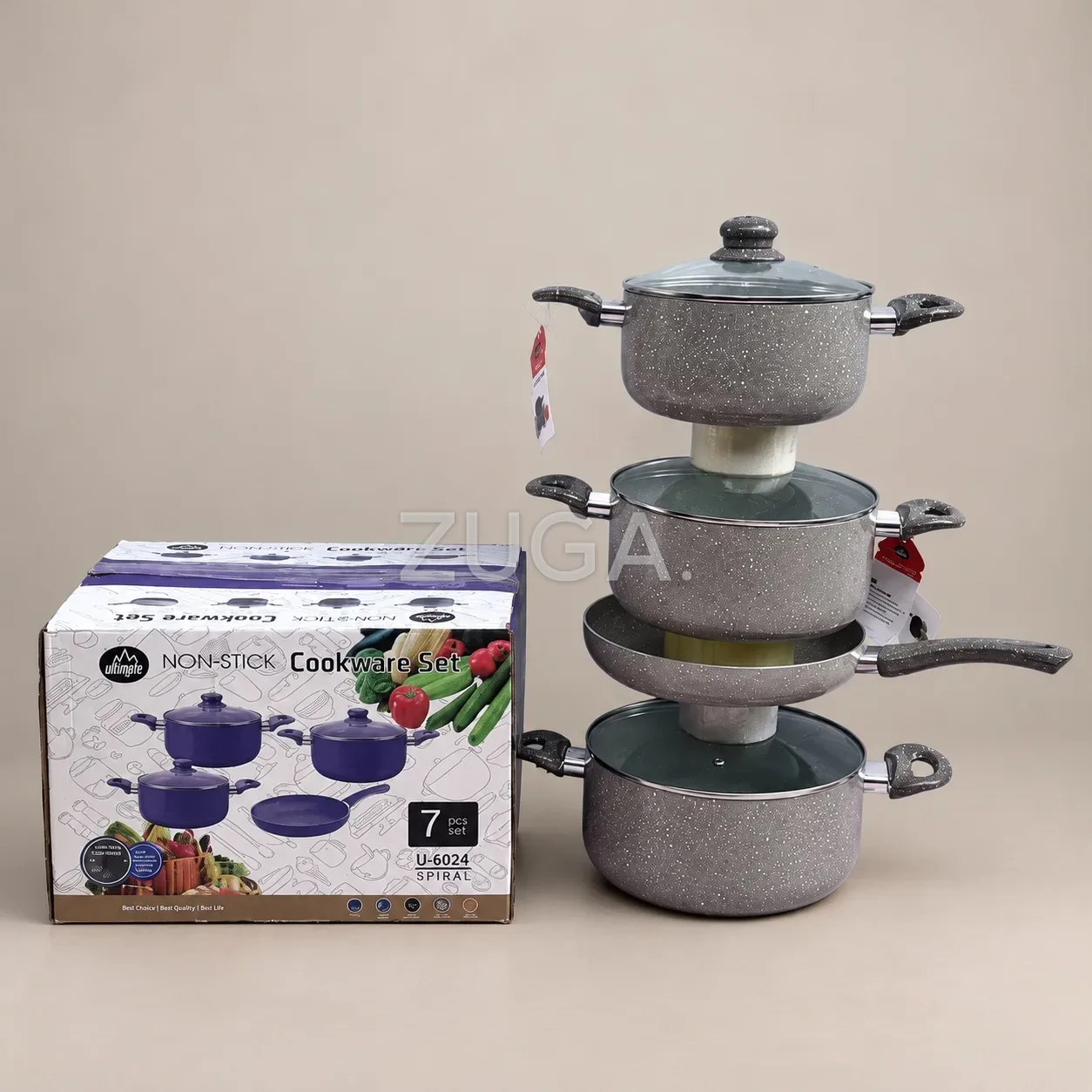 Ultimate 7-Piece Non-Stick Cookware Set U-6024, Grey Granite, Glass Lids