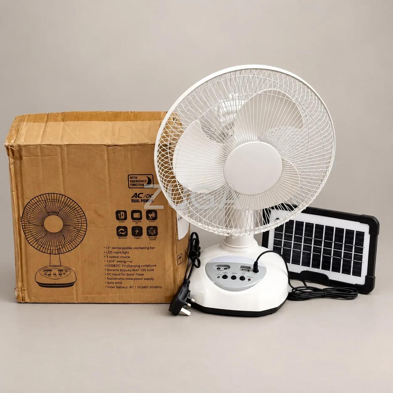12 Inch Rechargeable Solar Table Fan with LED Light and Solar Panel, White