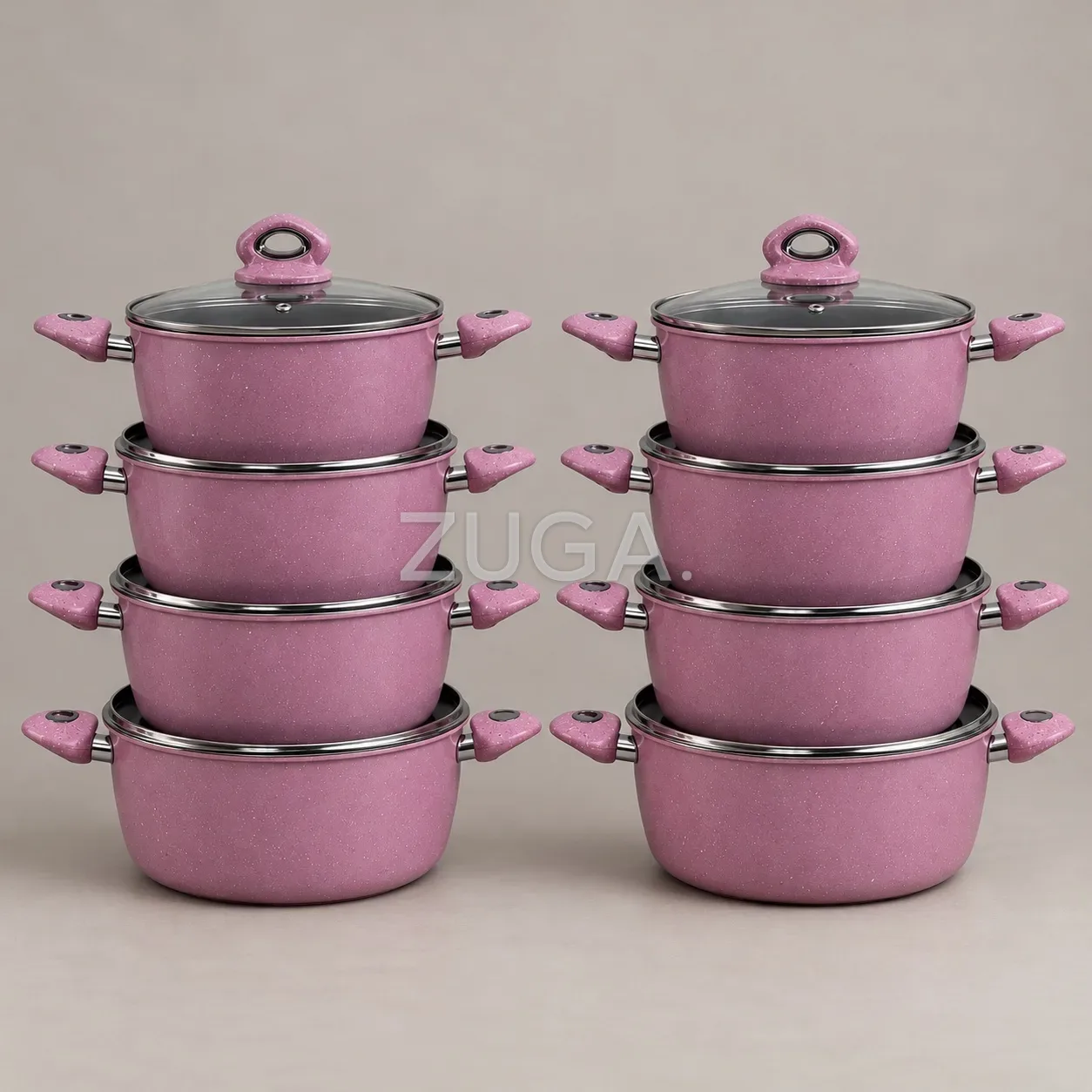 Ultimate Non-Stick 4-Piece Pot Set 24/26/28/30cm, Pink Granite, Glass Lids